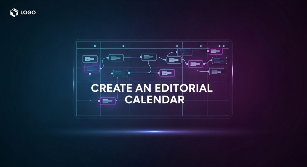 A dark-themed, minimalist digital editorial calendar grid glowing with neon blue and violet accents on a deep blue-purple gradient background. The image has a clean composition with the text "CREATE AN EDITORIAL CALENDAR" subtly illuminated in white, and a website logo in the top-left corner.