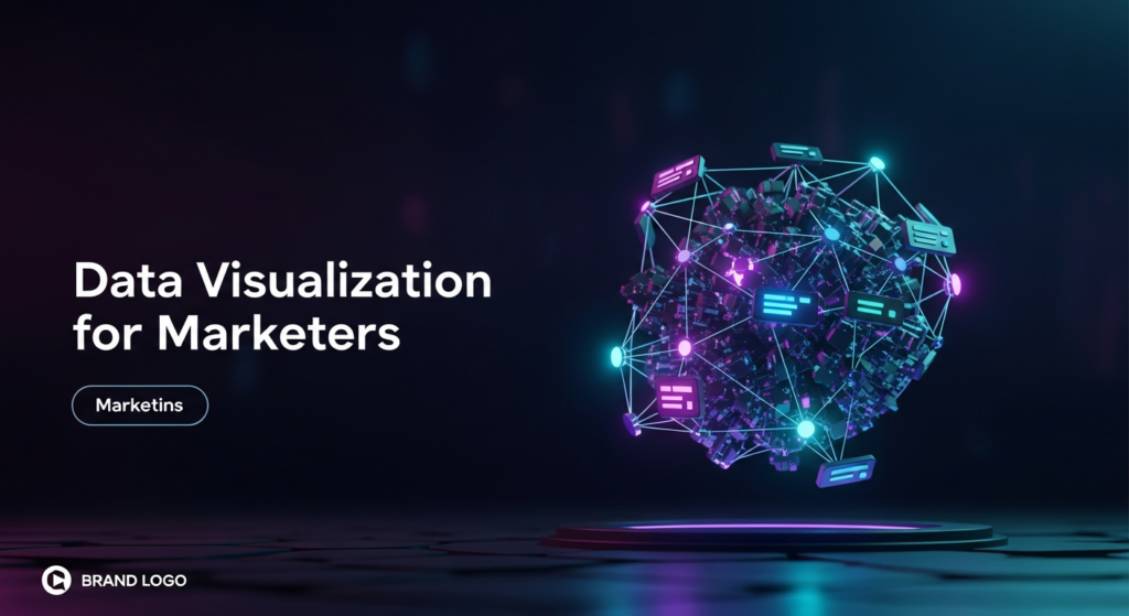 A minimalist, dark-themed digital illustration for marketers, showing a glowing 3D data graph with interconnected nodes representing data interpretation and insights. The image features cinematic high-contrast lighting with neon blue and purple accents on a deep, dark gradient background. Text overlay reads 'Data Visualization for Marketers' in a modern sans-serif font with a subtle glow. A subtle monochrome brand logo is in the bottom-left corner.