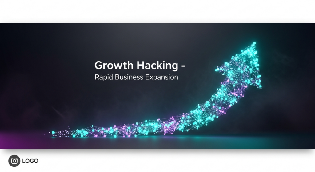 A dark, modern tech illustration for a blog featured image. It shows an abstract, glowing upward arrow made of interconnected digital nodes and data streams, symbolizing rapid business expansion through growth hacking. The background is a dark gradient. The text 'Growth Hacking: Rapid Business Expansion' glows subtly above the arrow, and a monochrome website logo is in the bottom-left corner.