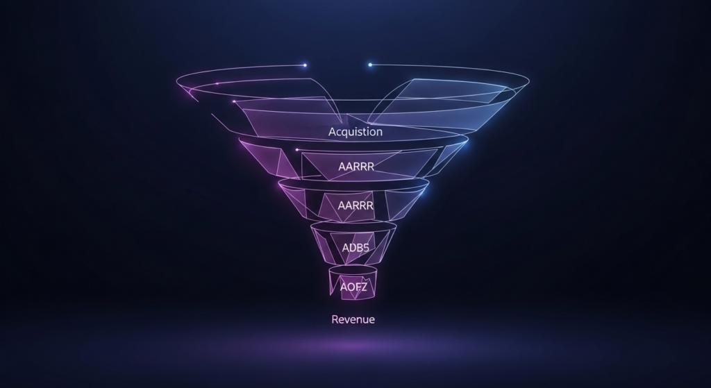 A dark-themed digital illustration depicting a stylized, glowing marketing funnel. Abstract geometric segments represent the five AARRR funnel stages, with subtle neon lines tracing the customer journey from acquisition to revenue against a deep gradient background, symbolizing growth marketing.