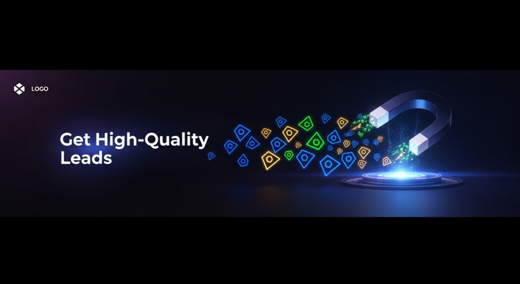 A dark, wide banner image depicting an abstract, glowing digital magnet attracting luminous geometric data points, symbolizing the process of generating high-quality leads. The background is a deep dark gradient with cinematic lighting and subtle neon accents. The text 'Get High-Quality Leads' is displayed prominently in a glowing sans-serif font, alongside a subtle website logo in the top-left corner.