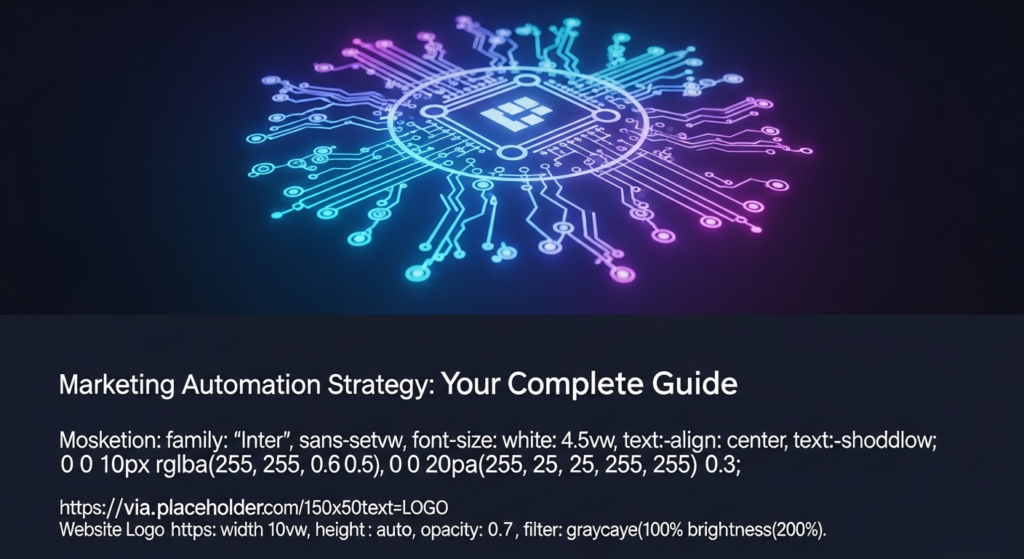 A dark-themed, wide banner image featuring a sophisticated, abstract digital system of interconnected glowing circuit lines and nodes, representing marketing automation and data integration. The design uses cinematic lighting with soft neon blue and purple glows against a deep gradient background. A prominent text overlay reads 'Marketing Automation Strategy: Your Complete Guide' in a modern sans-serif font with a subtle glow. A subtle website logo is in the top-left corner.
