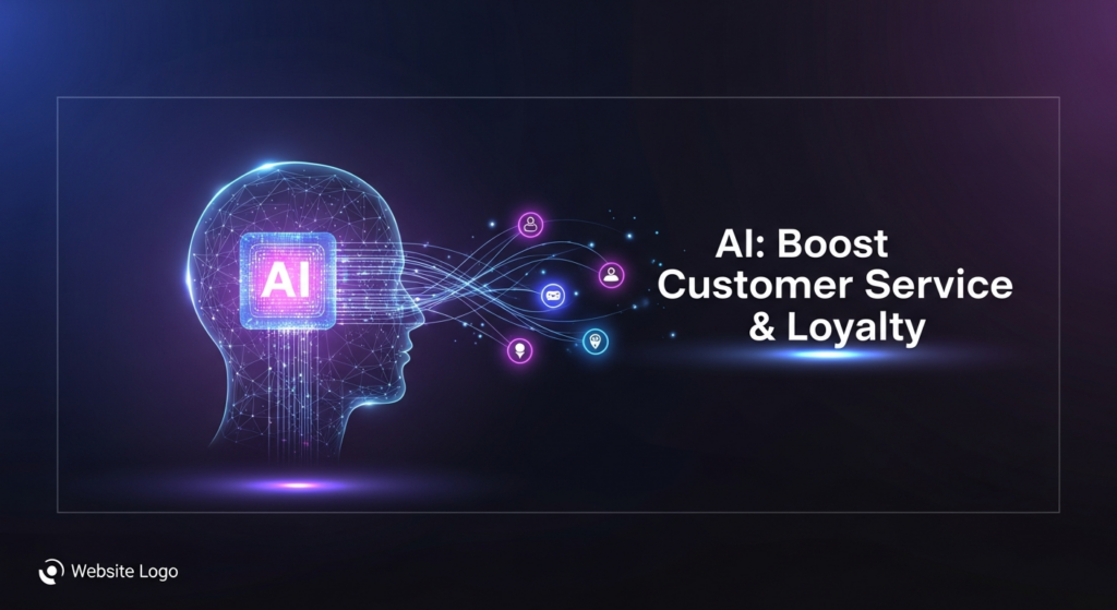 A wide, dark-themed image showcasing a glowing, abstract AI neural network head at the center, emitting bright data streams towards glowing customer interaction nodes. The text 'AI: Boost Customer Service & Loyalty' is prominent, with a subtle 'Website Logo' placeholder in the bottom-left corner. The image uses cinematic lighting with neon blue and purple accents on a dark gradient background, representing AI's role in enhancing customer service, marketing, and customer loyalty.