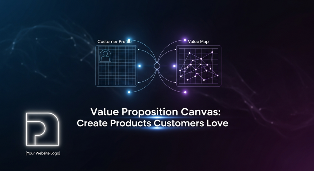 Abstract, dark-themed banner image illustrating the Value Proposition Canvas. Two glowing, geometric grids representing customer profile and value map align perfectly, connected by luminous lines, signifying product-market fit. The image features cinematic lighting, neon blue and purple glows on a deep gradient background. Text overlay reads 'Value Proposition Canvas: Create Products Customers Love'. The website logo is subtly placed in the bottom-left corner.