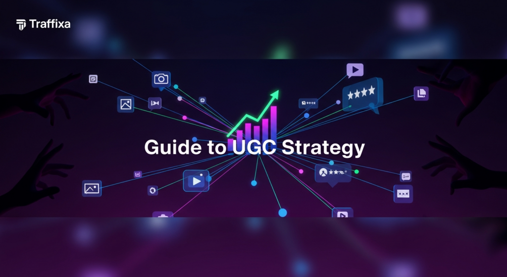 A dark, wide banner image illustrating a user-generated content strategy. It features a central glowing, interconnected network of digital content icons forming an upward-trending graph, with abstract hands contributing from the edges. The text 'Guide to UGC Strategy' is overlaid, and the 'Traffixa' logo is subtly placed in the top-left corner.