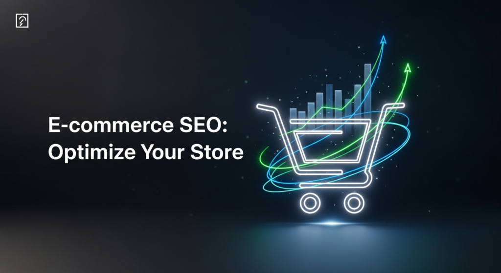 A dark, futuristic banner image for an e-commerce SEO guide. It features a glowing, minimalist shopping cart surrounded by abstract neon blue and green data lines and a rising graph, symbolizing digital optimization and growth. The title 'E-commerce SEO: Optimize Your Store' is subtly overlaid in a modern font. A monochrome website logo is in the top-left corner.