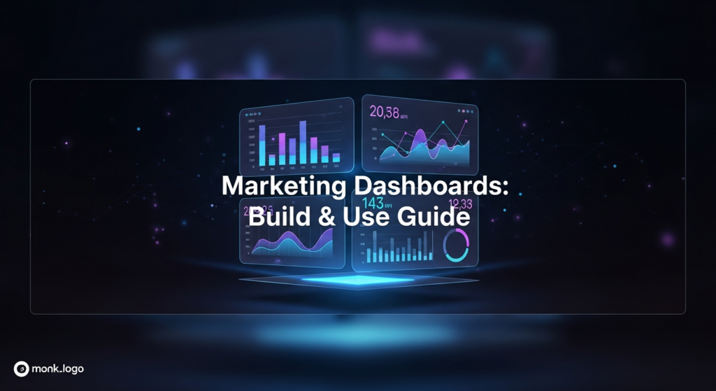 A dark-themed, wide banner image showing a minimalist holographic marketing dashboard interface glowing with blue and purple light, displaying abstract data visualizations and KPIs. The background is a dark gradient with subtle data lines. The text 'Marketing Dashboards: Build & Use Guide' is centrally placed with a soft glow, and a subtle website logo is in the bottom-left. The image conveys data-driven marketing and best practices in a modern, professional style.