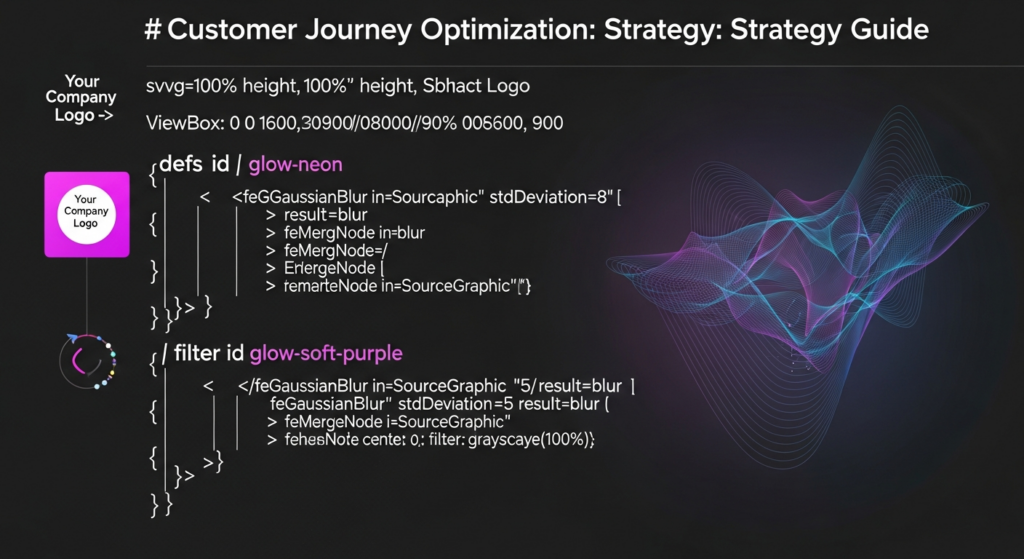 A minimalist, dark-themed digital illustration showing a glowing, abstract journey path with subtle data points and upward arrows, symbolizing customer journey optimization. The path flows across a deep dark gradient background with cinematic lighting, featuring soft neon-blue and purple glows. The text overlay reads 'Customer Journey Optimization: Strategy Guide' in a modern glowing font. A subtle company logo is integrated in the top-left corner.