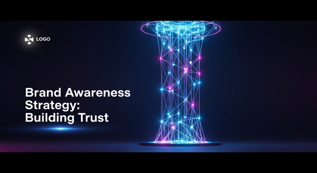 A dark, wide banner image illustrating brand awareness strategy. In the center, abstract, glowing geometric shapes form an interconnected pillar, symbolizing the robust building of brand trust. The shapes emit soft blue and purple neon light against a deep gradient background of dark blue transitioning to black. The text overlay reads 'Brand Awareness Strategy: Building Trust' in a modern, glowing sans-serif font. A subtle, illuminated logo is in the top-left corner. The image features cinematic lighting and a premium, modern tech aesthetic.