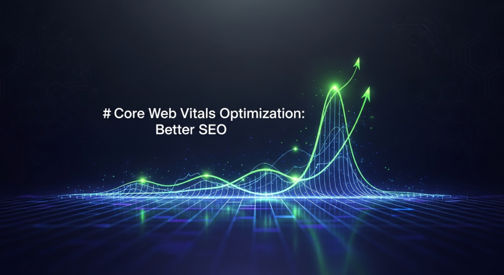 A dark-themed wide banner image showing an abstract, glowing blue and purple waveform representing optimized Core Web Vitals, ascending from a digital interface against a dark gradient background. The text 'Core Web Vitals Optimization: Better SEO' is centrally displayed with a subtle glow. A monochrome website logo is in the bottom-left corner.