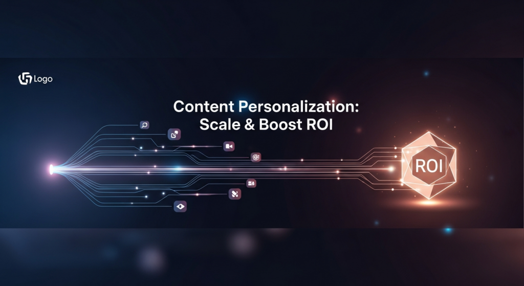 A dark-themed, wide banner image showing a central glowing data stream branching into multiple personalized pathways, all converging towards a bright ROI icon. The image symbolizes content personalization, scale, and boosting return on investment, suitable for a dark-mode website.