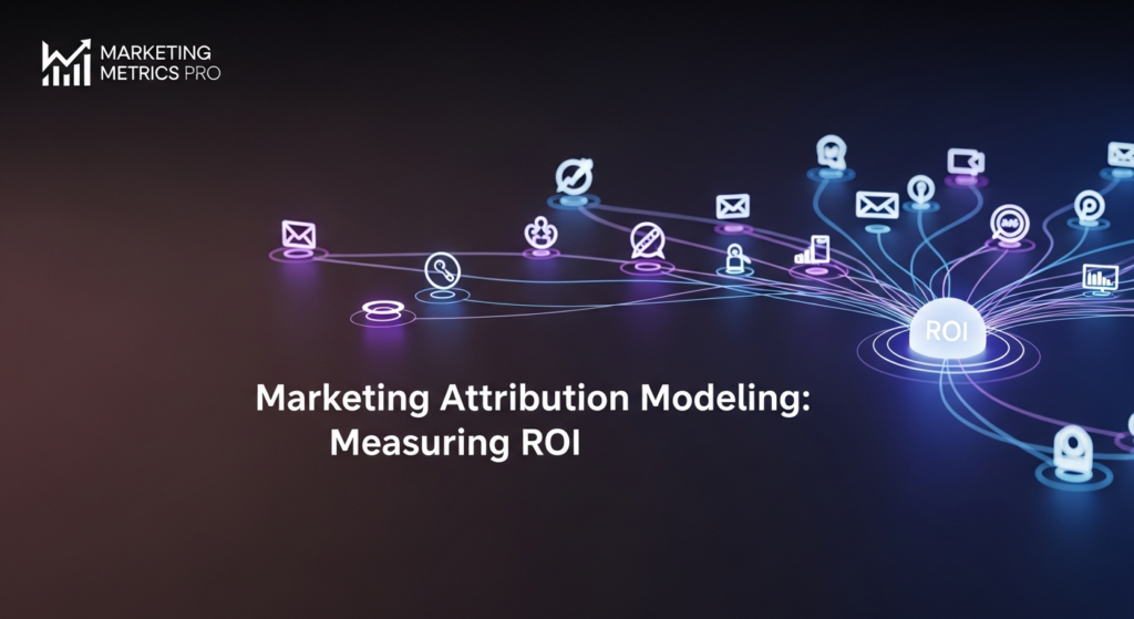 A dark-themed wide banner image for a blog post on marketing attribution modeling. It features a central, abstract 3D network of glowing blue and purple data points and lines, representing various marketing touchpoints converging towards a brightly illuminated central node symbolizing ROI. The image has cinematic lighting with soft neon glow accents against a dark gradient background. Overlay text reads 'Marketing Attribution Modeling: Measuring ROI' in a glowing sans-serif font. The 'Marketing Metrics Pro' logo is subtly placed in the top-left corner.