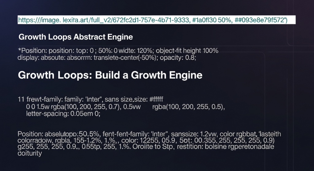 A dark-themed, wide banner illustration depicting a futuristic, glowing growth loop engine composed of interconnected geometric elements and ascending arrows, symbolizing sustainable business growth. The image features cinematic lighting with subtle neon glows, the text 'Growth Loops: Build a Growth Engine' in a modern sans-serif font, and a discreet logo in the top-left corner.