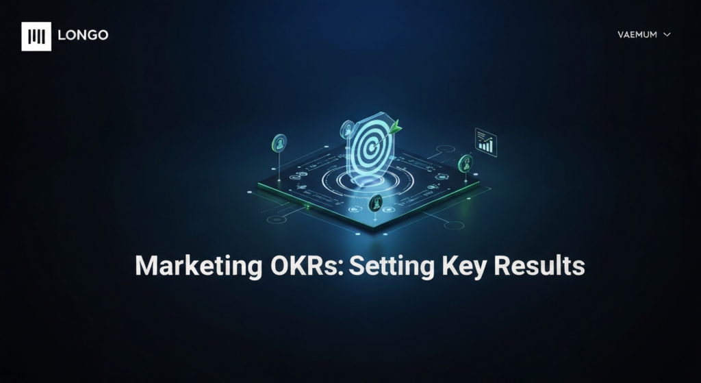 Dark-themed blog banner image for 'Marketing OKRs Framework' featuring a glowing, abstract 3D visualization of interconnected nodes and a target-like structure representing objectives and key results. The image uses high-contrast cinematic lighting with neon blue and green accents against a deep dark gradient background. The text 'Marketing OKRs: Setting Key Results' glows subtly in a modern sans-serif font. A monochrome website logo is in the top-left corner, completing the minimal and professional design.