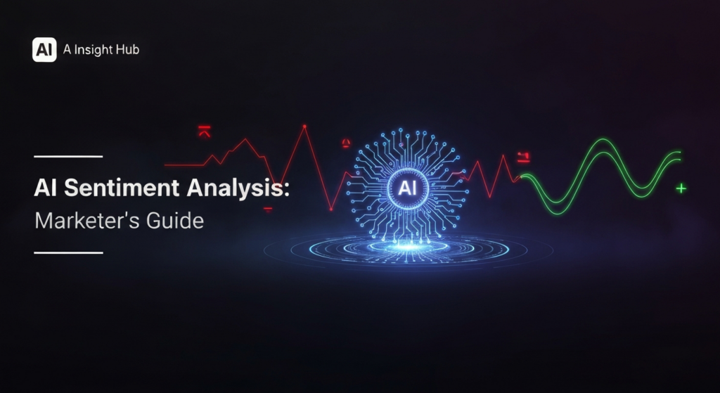 A dark, wide banner image featuring an abstract, glowing AI neural network at the center, processing customer sentiment data represented by luminous streams flowing from negative (red) to positive (green) indicators. The text 'AI Sentiment Analysis: Marketer's Guide' is overlaid in a modern font with a subtle glow, and a small, illuminated website logo is subtly placed in the top-left corner. The style is minimalist, high-tech, and professional.