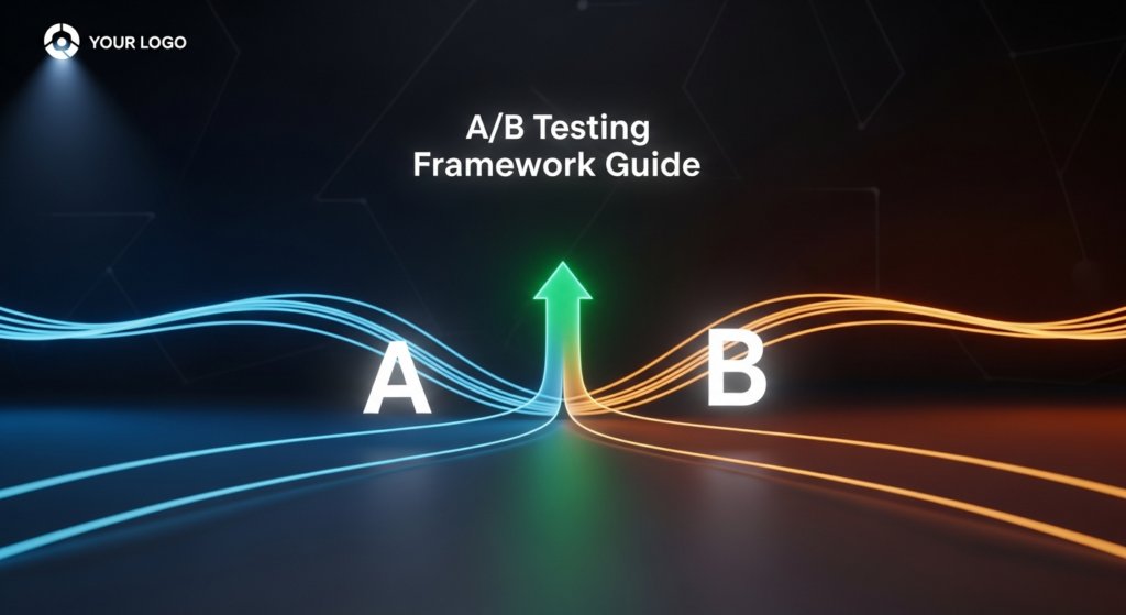 A dark-themed wide banner image illustrating A/B testing. Two glowing data streams, one blue (A) and one orange (B), converge into a single bright green upward-trending optimized path at the center. The background is a deep dark gradient with subtle geometric patterns. The text 'A/B Testing Framework Guide' is overlaid in a modern sans-serif font, and a subtle website logo is in the top-left corner. The style is a modern tech illustration with cinematic lighting and neon glow highlights, symbolizing data-driven optimization.