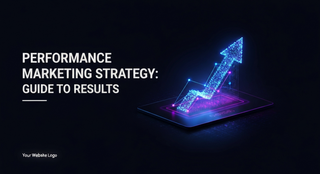 A dark, modern tech illustration featuring a glowing, upward-trending graph composed of abstract digital data points and lines, symbolizing performance marketing strategy and successful results. The image has cinematic lighting with neon blue and purple accents on a dark gradient background. Text overlay reads 'PERFORMANCE MARKETING STRATEGY: GUIDE TO RESULTS' in a modern sans-serif font. A subtle website logo is in the bottom-left corner.