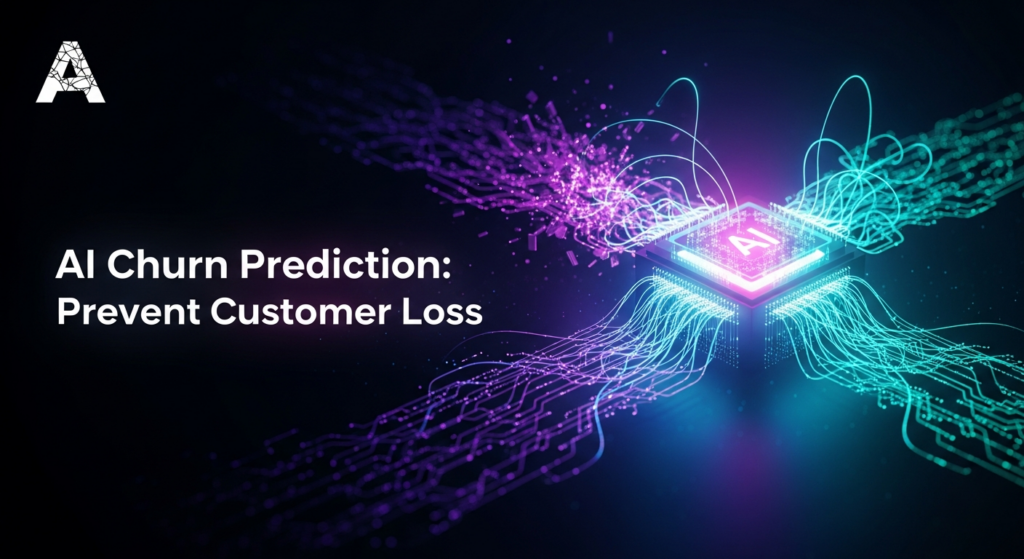 A dark-themed wide banner image showing an abstract, glowing AI neural network core at the center, actively stabilizing and preventing a visible break in a dynamic purple and teal data stream, symbolizing the prevention of customer churn. The image features high-contrast cinematic lighting with neon and soft glow accents. A subtle white logo is in the top-left corner. White text overlay reads: 'AI Churn Prediction: Prevent Customer Loss'.