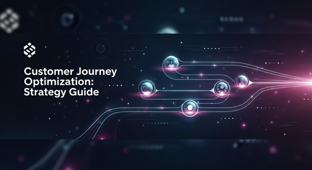 A sleek, dark banner image featuring a glowing, abstract digital pathway representing an optimized customer journey. The path has illuminated nodes, subtle data flow elements, and a clean, modern aesthetic. Text overlay reads 'Customer Journey Optimization: Strategy Guide' in a glowing sans-serif font. A subtle logo is in the top-left corner.
