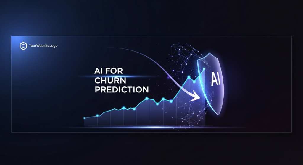 Abstract digital illustration depicting AI preventing customer churn. A downward data trend line, representing churn, is intercepted and redirected upwards by glowing blue and purple AI data streams. The image has a dark, cinematic background, with the text "AI for Churn Prediction" centrally placed and a subtle logo in the top-left corner.
