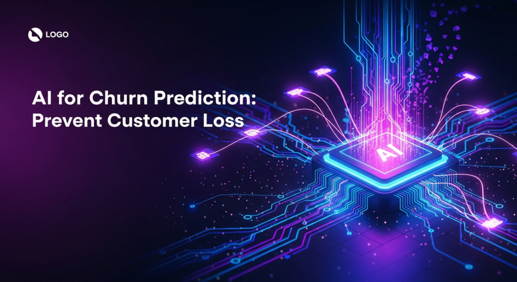 A dark, abstract digital illustration showing a glowing AI core with tendrils of light reconnecting fading data streams, symbolizing AI preventing customer churn. The image features cinematic lighting, neon blue and purple glows, and the text 'AI for Churn Prediction: Prevent Customer Loss' in a modern sans-serif font, with a subtle website logo in the corner.