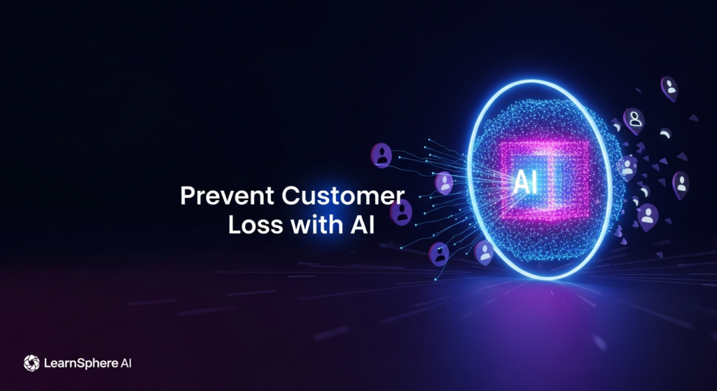 An abstract, dark-themed digital illustration showing a glowing AI network core emitting a protective force field, preventing abstract customer data points from breaking away (representing churn). The image features electric blue and magenta neon accents, with the text 'Prevent Customer Loss with AI' overlayed in a modern sans-serif font and a subtle logo in the bottom-left corner, against a deep gradient background.