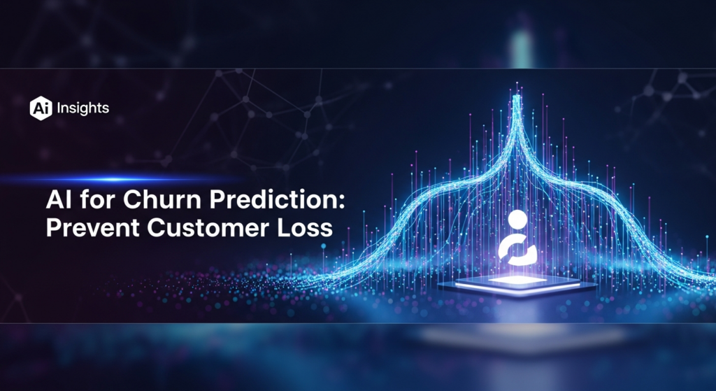 A wide, dark-themed banner image depicting a glowing, futuristic AI neural network node processing data streams that form a protective barrier around a minimalist customer icon, preventing it from falling. The image symbolizes AI's role in predicting and preventing customer churn. Text overlay reads 'AI for Churn Prediction: Prevent Customer Loss'. A subtle 'AI Insights' logo is in the top-left corner.