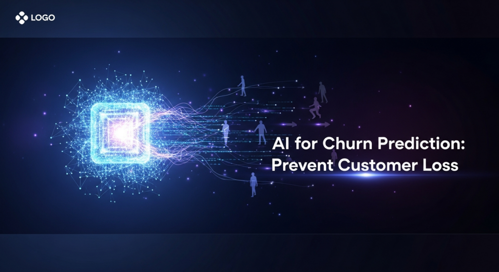A dark-themed blog featured image depicting an abstract, glowing AI neural network preventing customer churn. Digital data streams from the AI interact with faint human silhouettes moving away, subtly pulling them back to represent prevention. Features cinematic lighting, a modern sans-serif text overlay 'AI for Churn Prediction: Prevent Customer Loss', and a subtle website logo in the top-left.