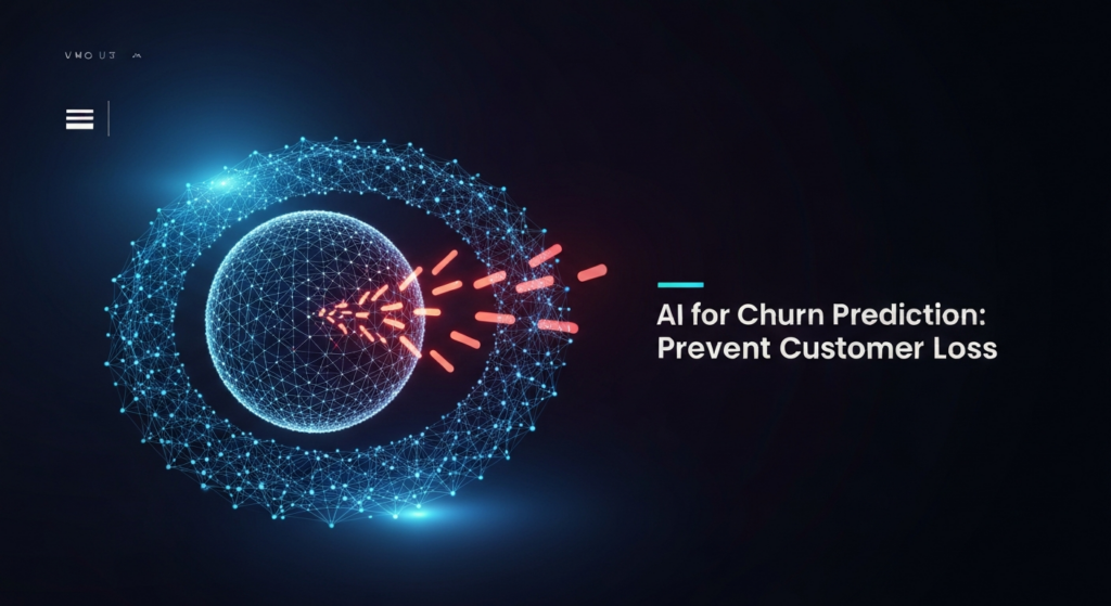 An abstract, dark-themed banner image visualizing AI for churn prediction. A central glowing data sphere represents a customer base, with a few fragmented elements subtly drifting away, symbolizing potential customer loss. An ethereal blue and cyan neural network or protective energy field surrounds and interacts with the sphere, suggesting AI actively analyzing and preventing customer churn. The text 'AI for Churn Prediction: Prevent Customer Loss' is prominently displayed in a glowing white sans-serif font, and a subtle website logo is in the top-left corner.