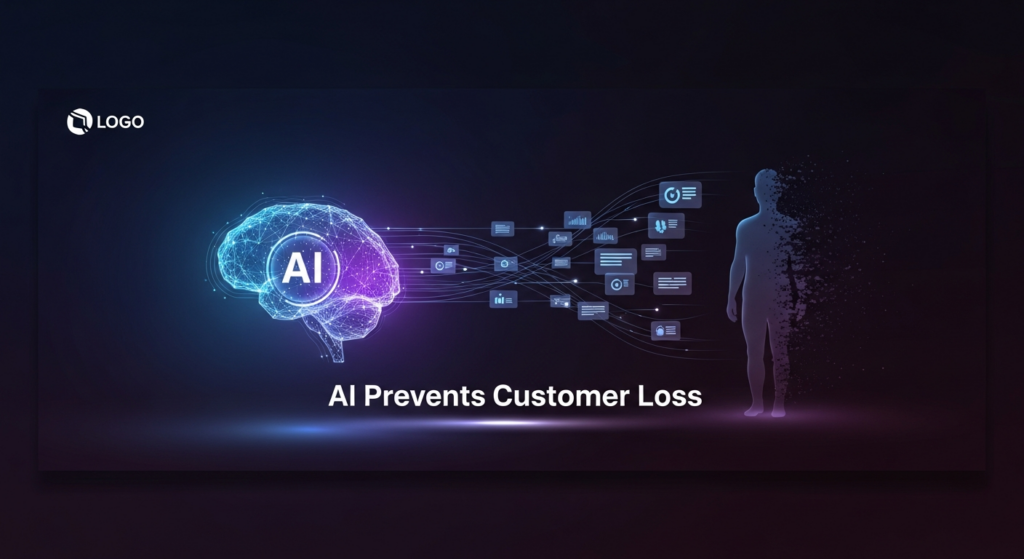 A dark, wide banner image showing a glowing abstract AI network reaching towards a partially dissolving customer silhouette, symbolizing AI preventing customer churn. The image has a modern tech illustration style with cinematic lighting, neon blue and purple accents, and high contrast. Text overlay reads 'AI Prevents Customer Loss'. A subtle website logo is in the top-left.