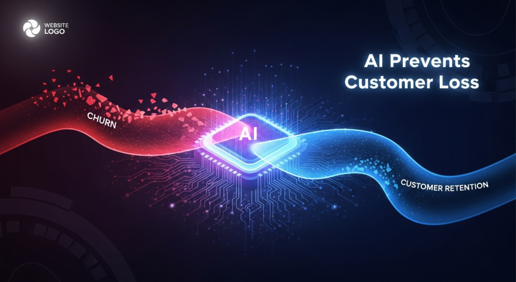 A dark-themed wide banner image featuring an abstract, glowing AI neural core at its center. The AI analyzes two data streams: one representing potential customer churn, depicted as a fading red line, and another representing customer retention, as a vibrant blue stream. The AI projects a subtle, corrective light towards the churn stream, symbolizing prediction and prevention. The image has cinematic lighting, subtle glows, and a minimal, uncluttered design. Text overlay reads 'AI Prevents Customer Loss'. A monochrome website logo is in the top-left corner.
