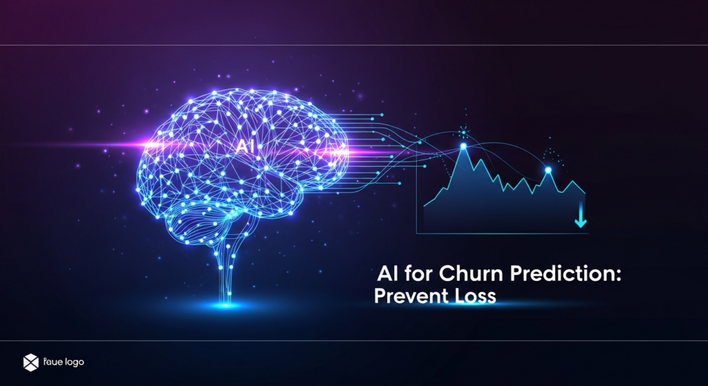 An abstract AI neural network glows with neon blue and purple light, centrally positioned against a dark indigo gradient background. It is shown digitally stabilizing a downward trend line on a graph, visually representing AI preventing customer churn. The text 'AI for Churn Prediction: Prevent Loss' is overlaid below the main subject. A subtle, softly illuminated logo is in the bottom-left corner.
