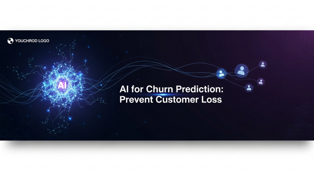 A dark, wide banner image depicting an abstract glowing blue and purple AI neural network with subtle digital tendrils reaching out to gently pull back stylized, drifting customer figures, symbolizing churn prediction and prevention. The image features high-contrast cinematic lighting, a dark gradient background, and the text 'AI for Churn Prediction: Prevent Customer Loss' in a glowing sans-serif font. A subtle website logo is in the top-left.