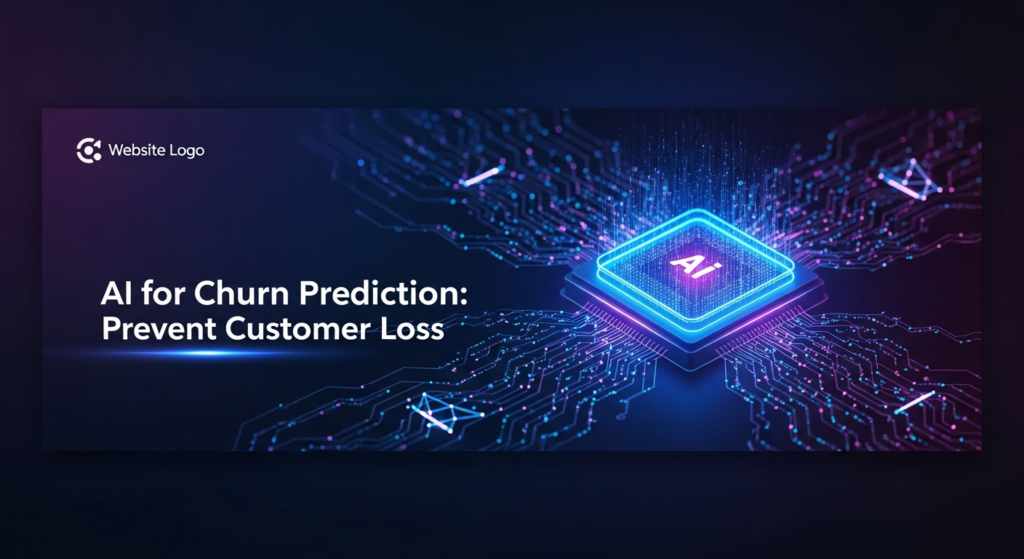 A dark, wide banner image for a blog. The central focus is a glowing, abstract AI neural network in electric blue and purple, representing predictive analysis. It's surrounded by data streams and reinforced connections, symbolizing customer retention and prevention of churn. Overlay text reads 'AI for Churn Prediction: Prevent Customer Loss' in a modern sans-serif font. A subtle website logo is in the top-left corner. The image uses cinematic lighting and a deep gradient background, maintaining a professional and uncluttered aesthetic.