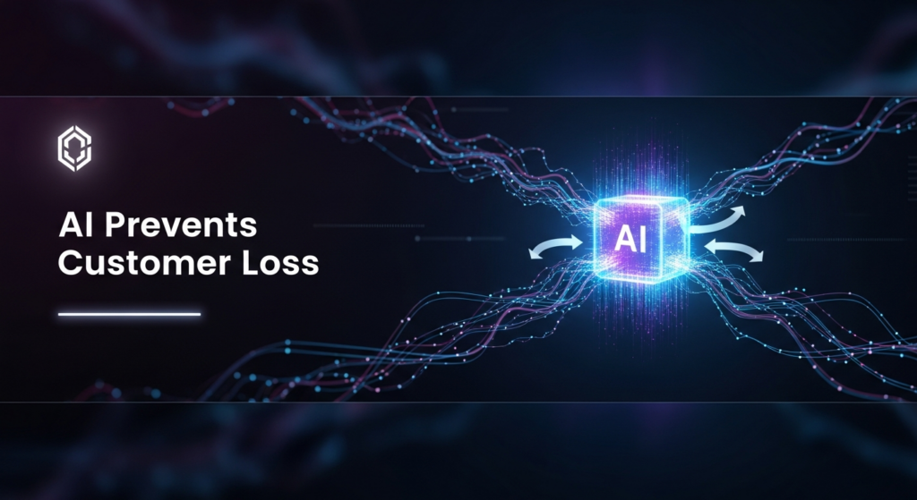 An abstract, dark-themed blog banner image depicting AI actively preventing customer churn. Glowing blue and purple lines, representing customer data streams, are being re-routed and strengthened by an ethereal AI entity, pulling them away from a breaking point. The text 'AI Prevents Customer Loss' overlays the image, with a subtle tech logo in the top-left corner.