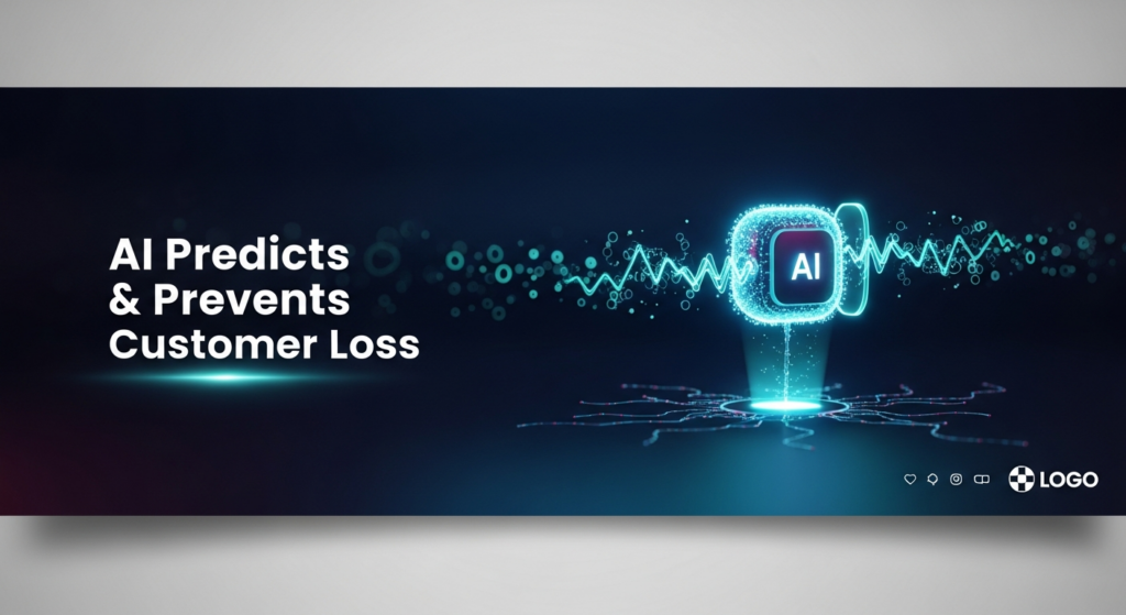 A dark, modern tech illustration featuring a glowing abstract AI neural network node analyzing a dynamic, fractured data stream that represents customer churn. The AI emits a protective glow, subtly mending the data stream to prevent customer loss, set against a dark gradient background with cinematic lighting. The text overlay reads: 'AI Predicts & Prevents Customer Loss'.