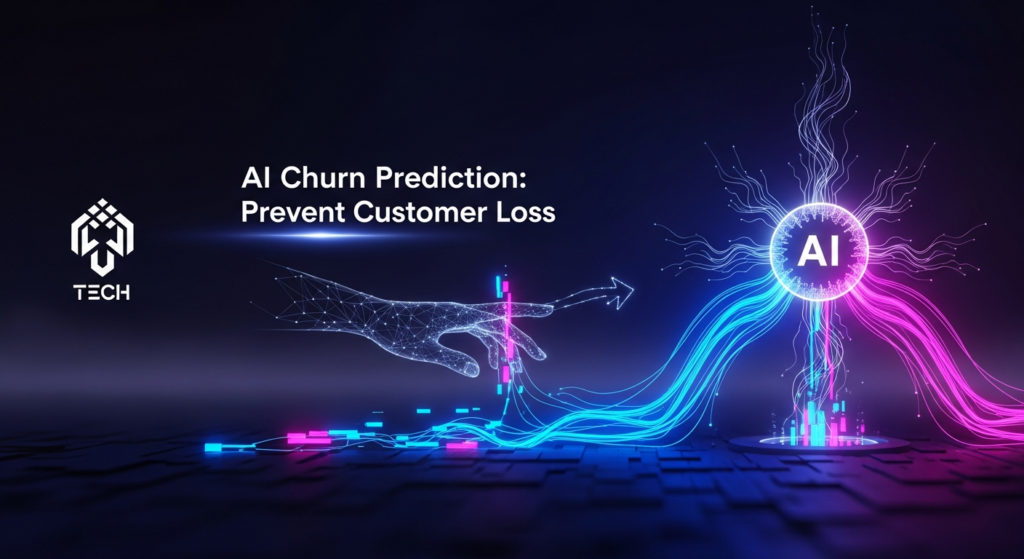 A dark-themed digital illustration depicting a glowing AI neural network preventing a stream of data from falling off a platform, symbolizing customer churn prediction and prevention. The AI and data streams are highlighted with neon blue and magenta glows against a deep indigo background. Text overlay reads 'AI Churn Prediction: Prevent Customer Loss'.