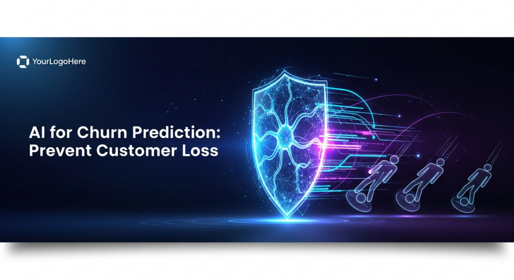 A dark, wide banner image showing a glowing digital shield made of interconnected lines and data points. This shield is preventing abstract figures, representing customers, from falling off a digital platform. The top-left corner subtly displays 'YourLogoHere'. Text overlay reads: 'AI for Churn Prediction: Prevent Customer Loss'. The image has a modern, high-tech illustration style with cinematic lighting and neon glow accents, conveying AI's role in preventing customer churn.