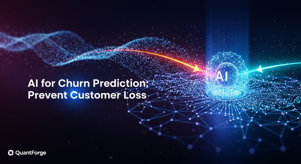 A dark, wide banner image depicting a glowing, abstract AI neural network interface actively analyzing a complex data stream. A visual metaphor for customer churn, represented by a fading orange data path, is being intercepted and rerouted into a stable blue-green path by the AI's illuminated network. The image features cinematic lighting, subtle glow accents, and includes the text 'AI for Churn Prediction: Prevent Customer Loss' in a glowing sans-serif font, with the 'QuantForge' logo subtly placed in the bottom-left corner.