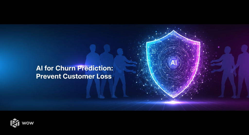 An abstract, dark-themed digital illustration showing a glowing shield-like structure made of data points and neural network lines, symbolizing AI preventing customer churn. Subtle customer silhouettes are being guided back by the shield. The image features cinematic lighting, neon glow, and the text 'AI for Churn Prediction: Prevent Customer Loss' with a website logo.