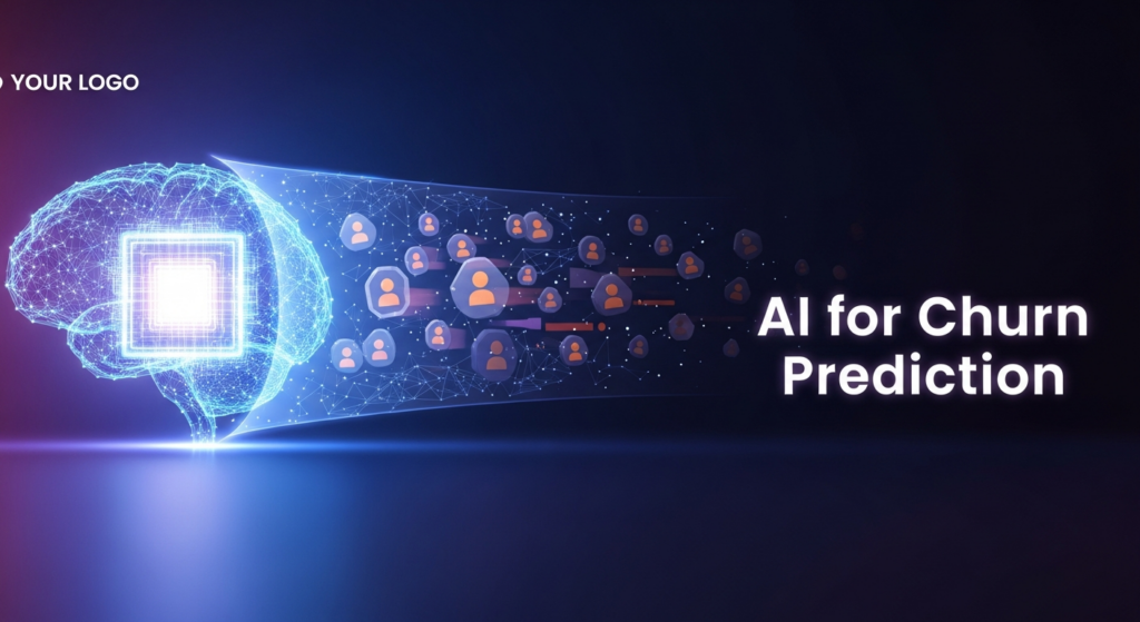 A dark-themed digital illustration featuring a glowing, abstract AI brain or neural network at the center. It radiates a protective blue-purple light that prevents stylized customer data points from moving away, symbolizing churn prediction and prevention. The image has a dark gradient background, with the text 'AI for Churn Prediction' in a glowing sans-serif font and a subtle logo placeholder.