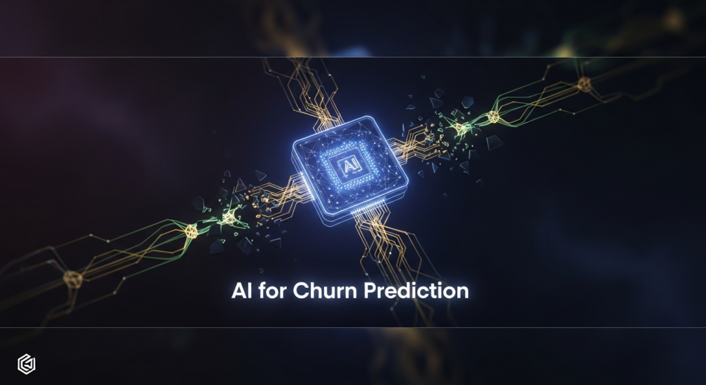 An abstract, dark-themed blog banner image depicting a glowing AI core surrounded by fragmented data lines, which are being reconnected by luminous neural pathways, symbolizing AI preventing customer churn. The text 'AI for Churn Prediction' glows prominently against the dark background, with a subtle website logo in the bottom-left corner.