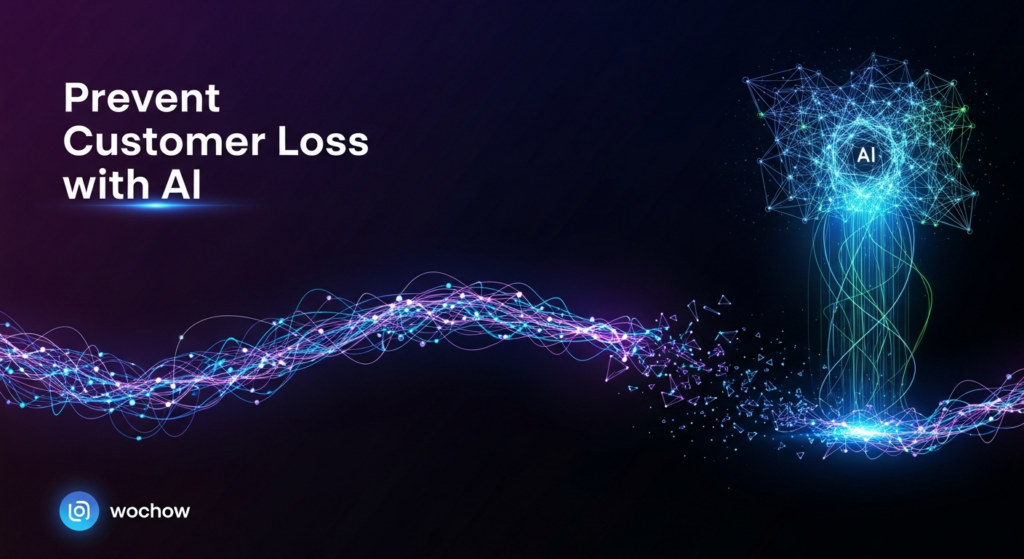 An abstract, dark-themed image showing a glowing data stream subtly fragmenting, with a futuristic AI neural network emitting blue and green lights to mend it. The text 'Prevent Customer Loss with AI' is prominently displayed. A subtle website logo is in the bottom-left corner, representing AI-powered customer churn prediction and prevention.