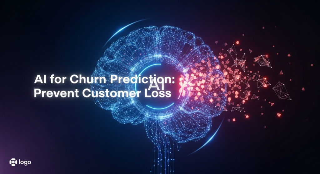 A dark, high-tech illustration for a blog featured image. An abstract AI neural network glows with blue and purple light, actively analyzing data streams. Some data connections within the network show subtle red-orange glows, symbolizing potential customer churn. The overall aesthetic is minimal, cinematic, and set against a deep dark gradient background. A text overlay reads 'AI for Churn Prediction: Prevent Customer Loss' in a glowing modern sans-serif font. A subtle website logo is visible in the bottom left corner.