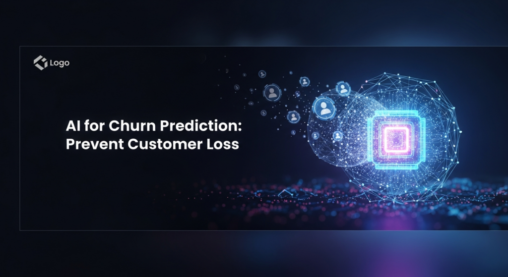 A dark-themed, modern tech illustration featuring a glowing AI neural network preventing customer churn. Abstract digital customer icons are gently redirected by a luminous energy field from the AI, stopping them from drifting away. The text 'AI for Churn Prediction: Prevent Customer Loss' is overlaid. A subtle website logo is in the top-left corner.