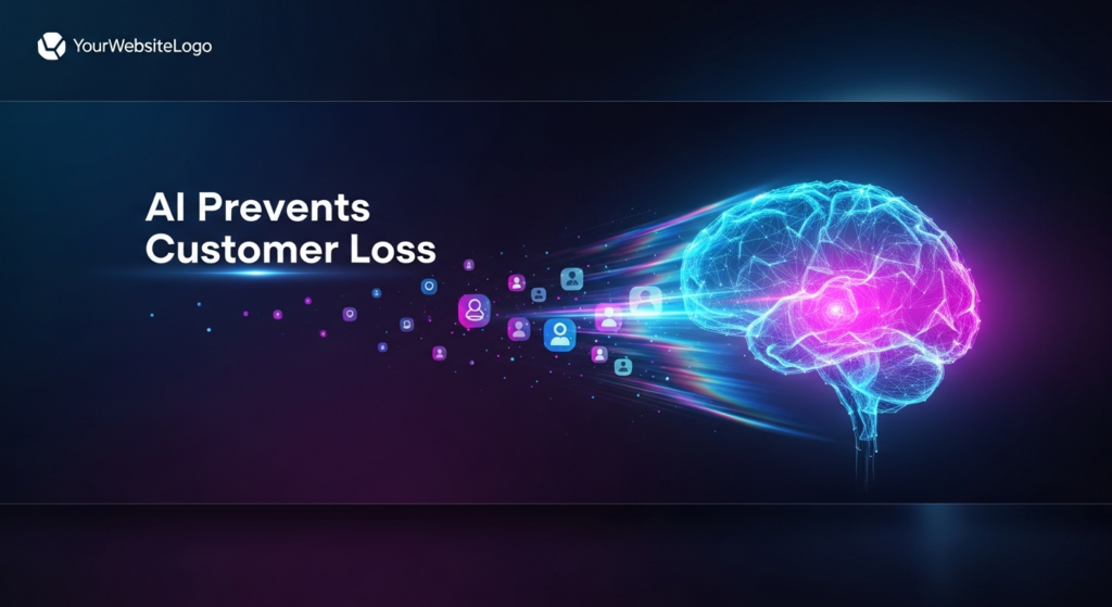 Dark themed featured image illustrating AI's role in customer churn prevention. An abstract, glowing AI neural network central to the composition emits a protective field, intercepting fading customer data points to prevent their loss. The image features a modern tech illustration style with cinematic lighting, a dark gradient background, and the text 'AI Prevents Customer Loss' with a subtle glow.