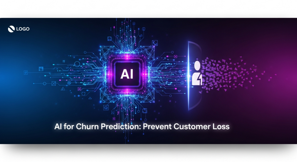 An abstract, dark-themed digital illustration featuring a glowing AI neural network actively processing data streams to prevent customer churn. The network is made of interconnected lines and nodes, with a subtle visual representing customer loss being averted by a protective barrier. Overlay text reads 'AI for Churn Prediction: Prevent Customer Loss' with a soft white glow. A minimalist website logo is subtly placed in the top-left corner. The image has cinematic lighting, neon blue and magenta accents, and a dark gradient background, designed as a wide banner for a blog featured image in dark mode.