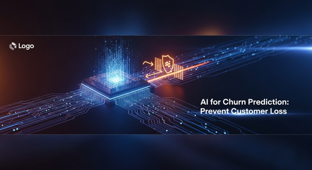 Abstract AI visual showing a glowing neural network intercepting and rerouting a data stream representing customer churn, preventing it from reaching its destination. The image has a dark, futuristic background with neon glow accents. Text overlay: AI for Churn Prediction: Prevent Customer Loss. Website logo is subtly placed in the top-left corner.