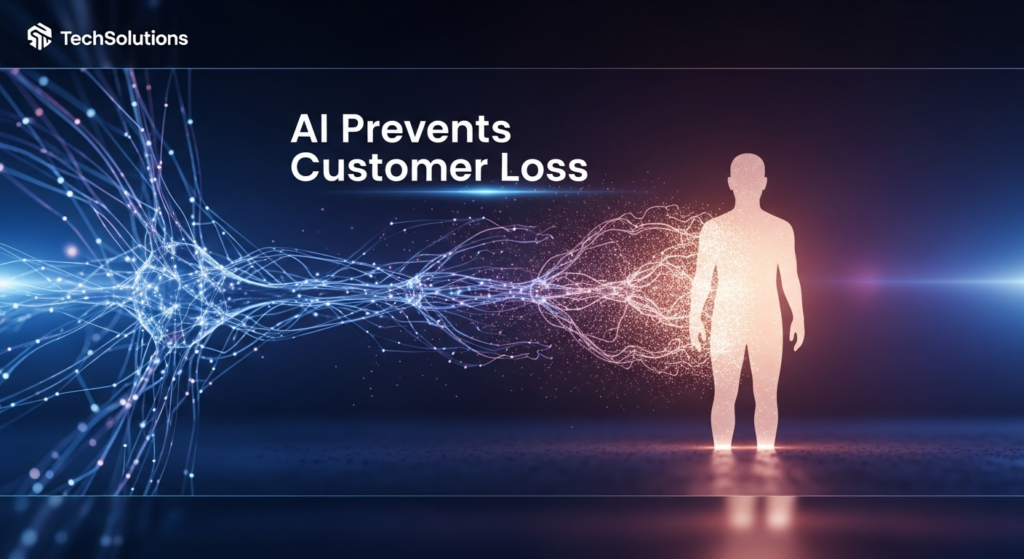 A dark, modern tech illustration for a blog post about AI for churn prediction. A stylized human silhouette, representing a customer, is subtly illuminated and shows signs of digital dissipation. From the left, a glowing blue and purple neural network actively extends towards and stabilizes the customer, signifying AI's role in preventing customer loss. The text overlay reads 'AI Prevents Customer Loss' with a subtle glow, and a monochromatic 'TechSolutions' logo is in the top-left corner. The overall image has cinematic lighting and a dark gradient background, conveying a professional and sophisticated feel.