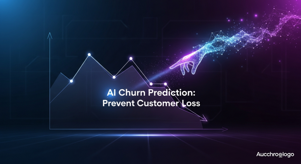 A dark, wide banner image illustrating AI's role in preventing customer churn. A glowing, minimalist line graph trending downwards (representing churn) is being intercepted and subtly lifted upwards by luminous, abstract neural network lines, symbolizing AI prevention. The image features cinematic lighting, high contrast, and neon blue and purple glow accents on a dark gradient background. The text 'AI Churn Prediction: Prevent Customer Loss' is centrally placed in a modern sans-serif font with a subtle glow. A subtle monochrome website logo is in the bottom-right corner.
